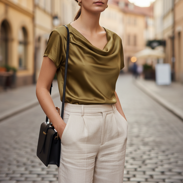 Blusa Satinata Donna Maniche Corte Collo Cowl