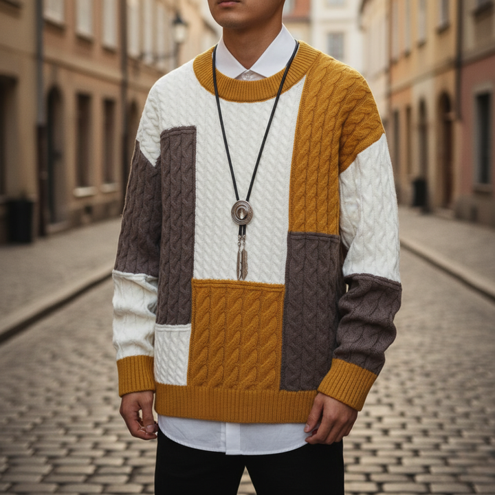 Maglione da uomo colorato in lana con motivi geometrici