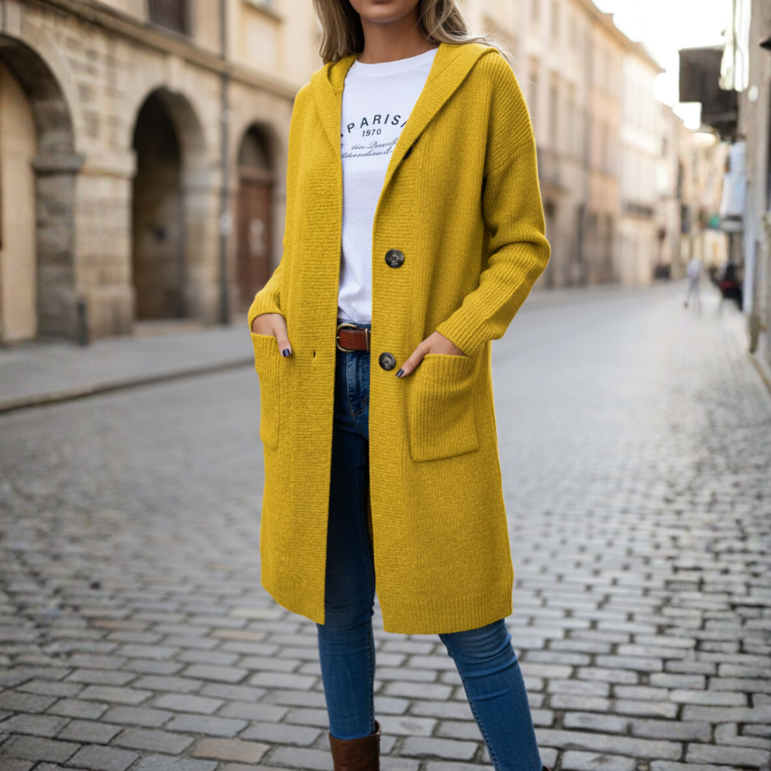 Cardigan donna lungo in maglia con cappuccio