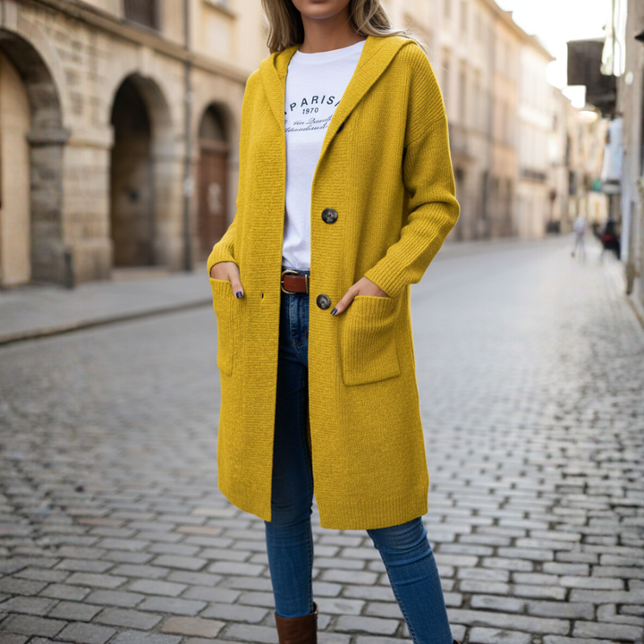 Cardigan donna lungo in maglia con cappuccio